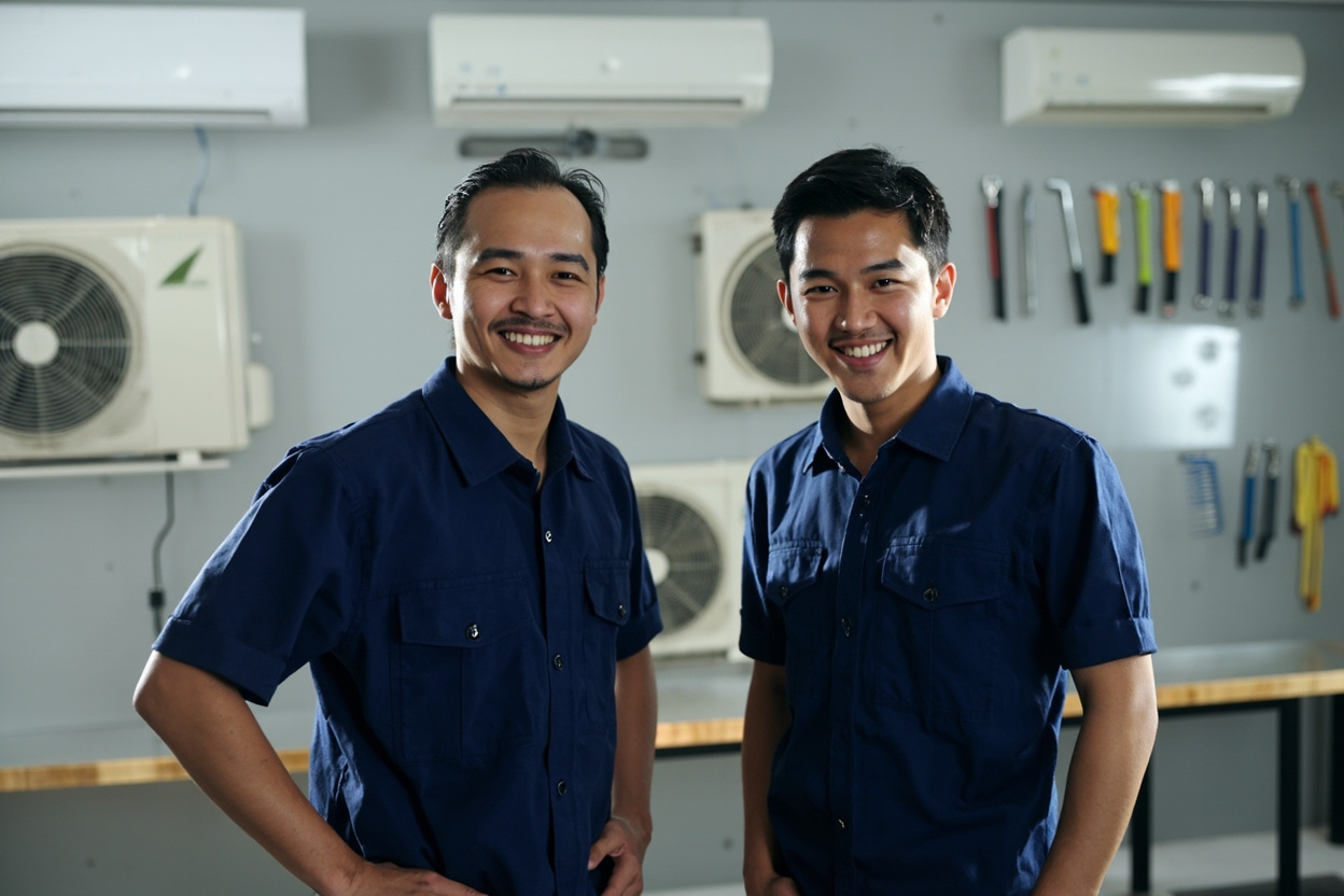Tim teknisi Masboy berseragam di workshop dengan tools profesional